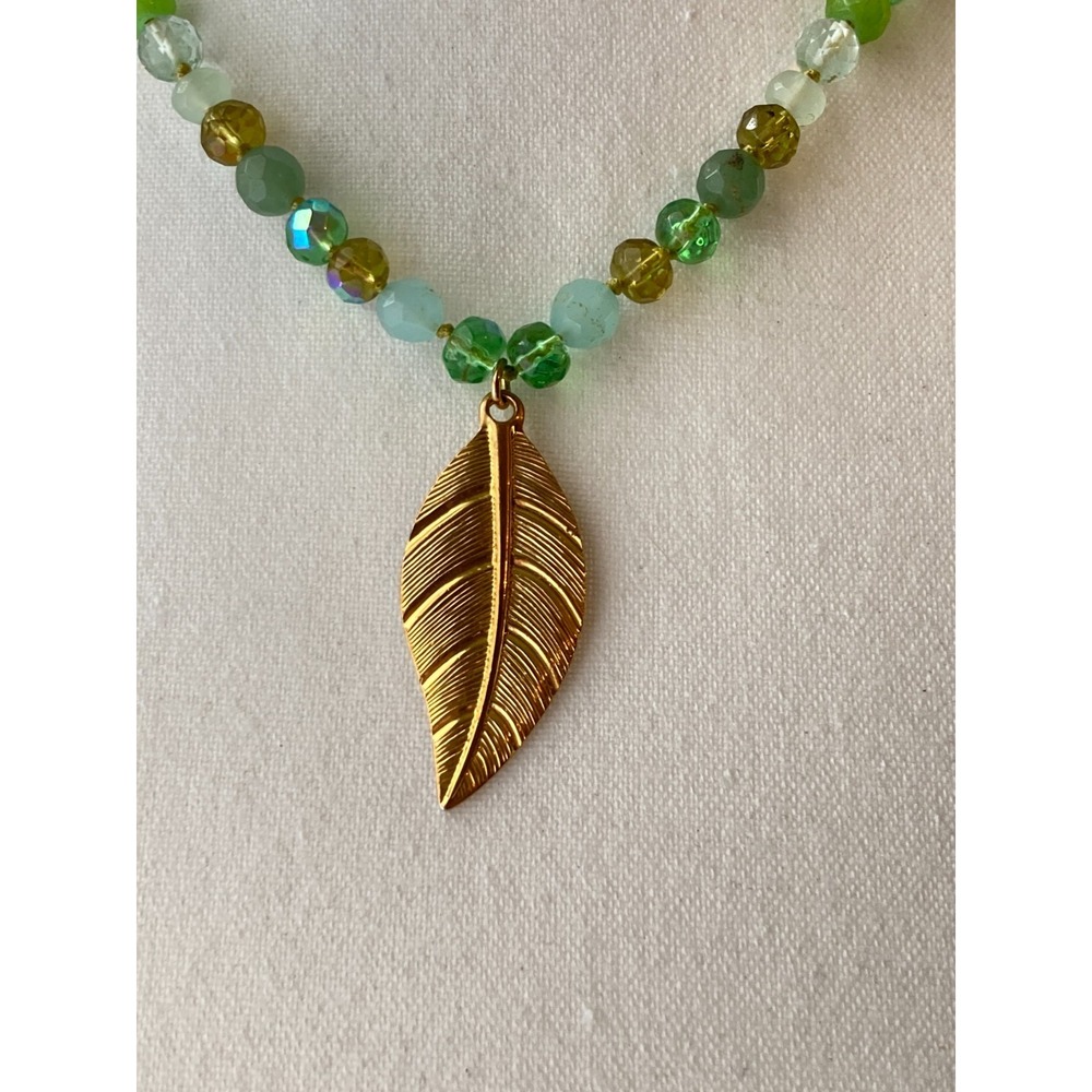 Cookie Lee Necklace with Leaf Pendant Aqua Green Knotted Glass Bead Crystal